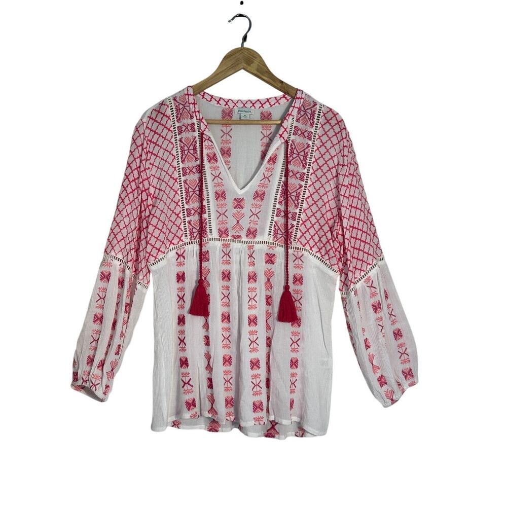 Sundance Pink White Boho Floral Embroidered Tunic Blouse, Lightweight Medium